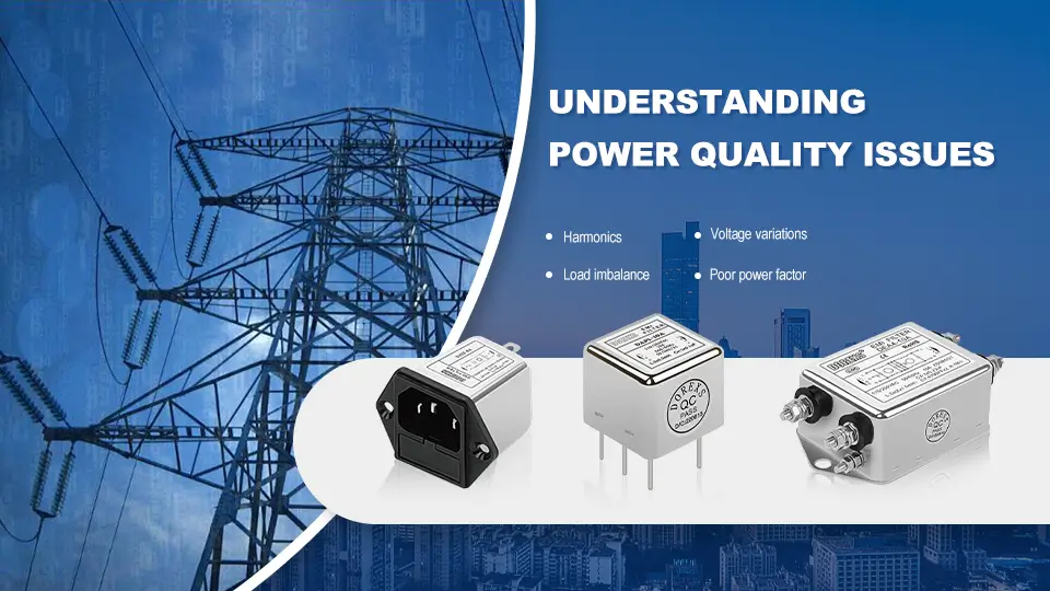 An illustration showing various power quality issues affecting electrical systems.